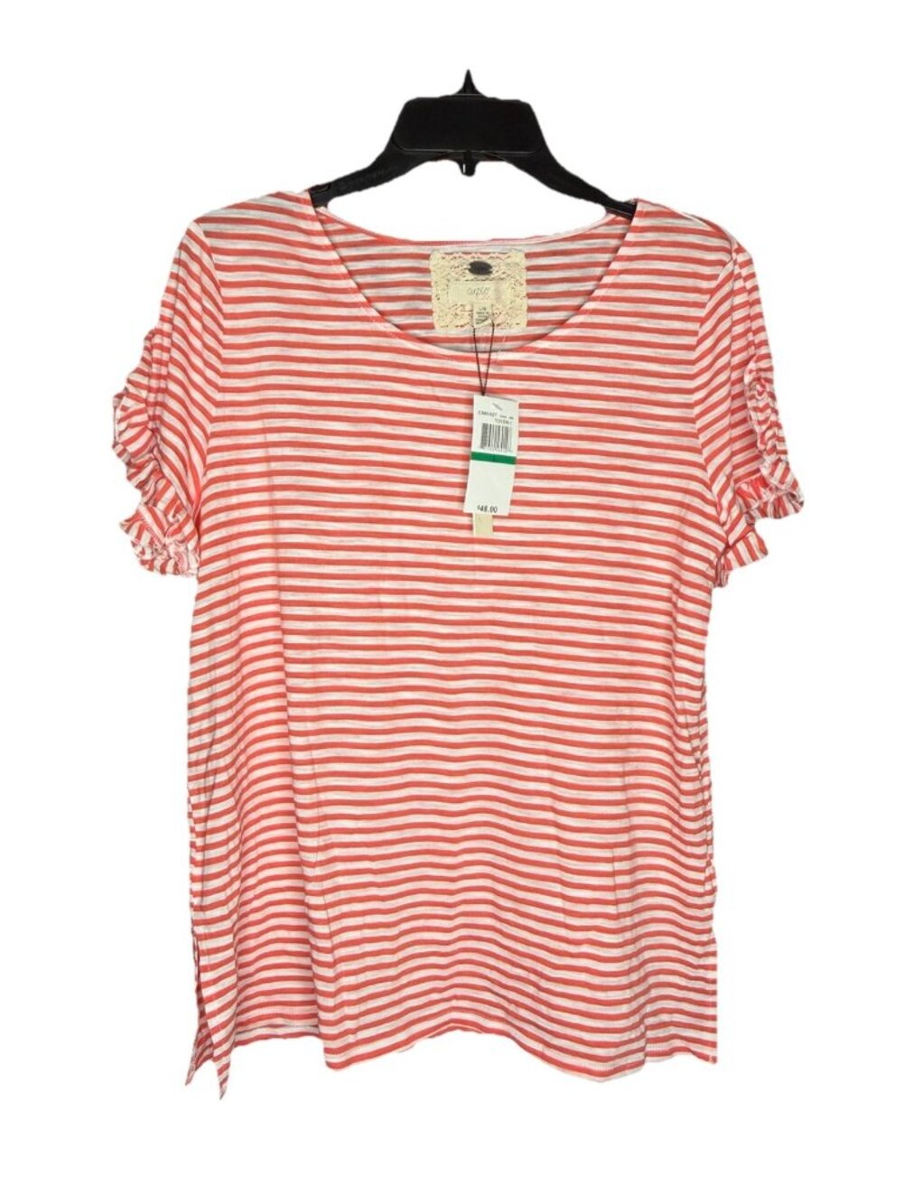 Cupio Women's Pullover Summer Blouse Ruffle Sleeve Size L Coral Striped
